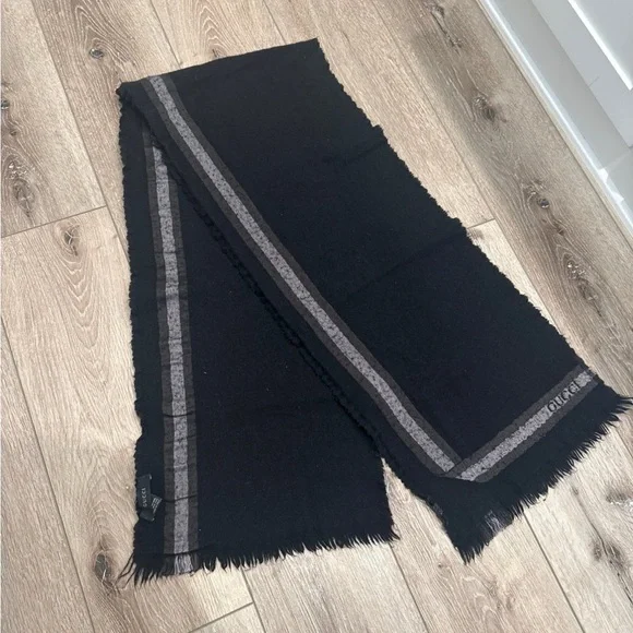 Gucci Black Scarf with Gray Stripe Detail - Picture 8 of 12